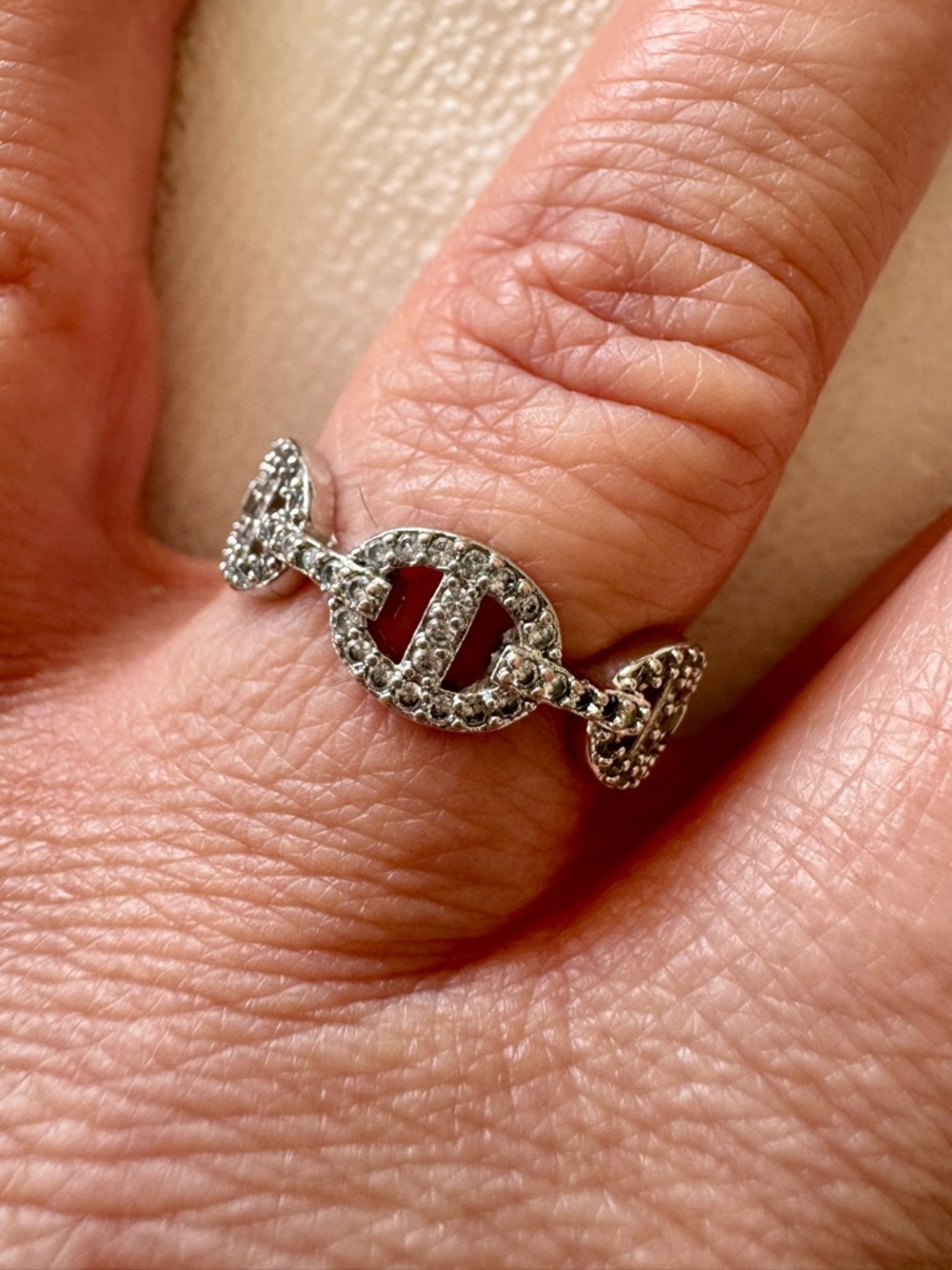 Inspired Adjustable Silver-Tone Pave Link Ring size 6